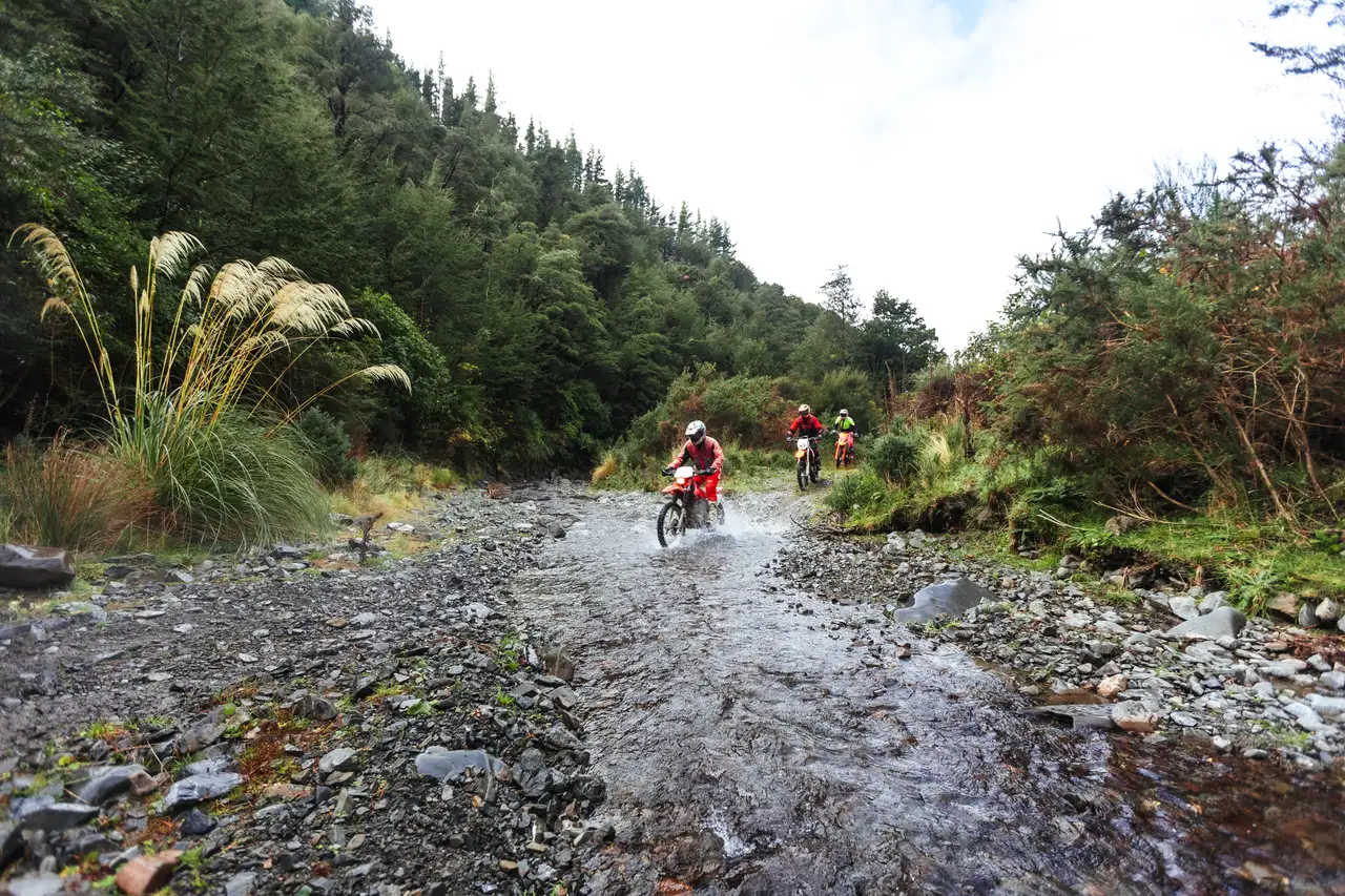 Riders crossing a stony creek in the bush