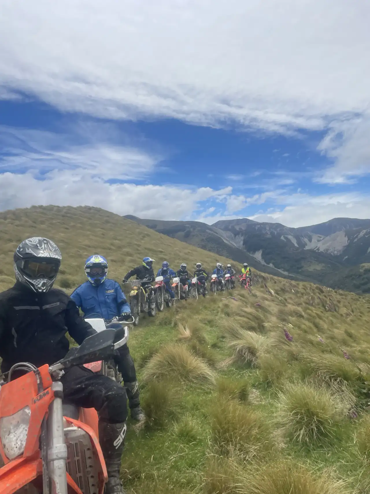 A line of riders strung out along a tussock ridge under a big sky